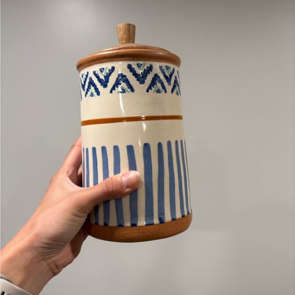 3/$25 Hand-Painted Blue & Cream Ceramic Storage Jar with Lid